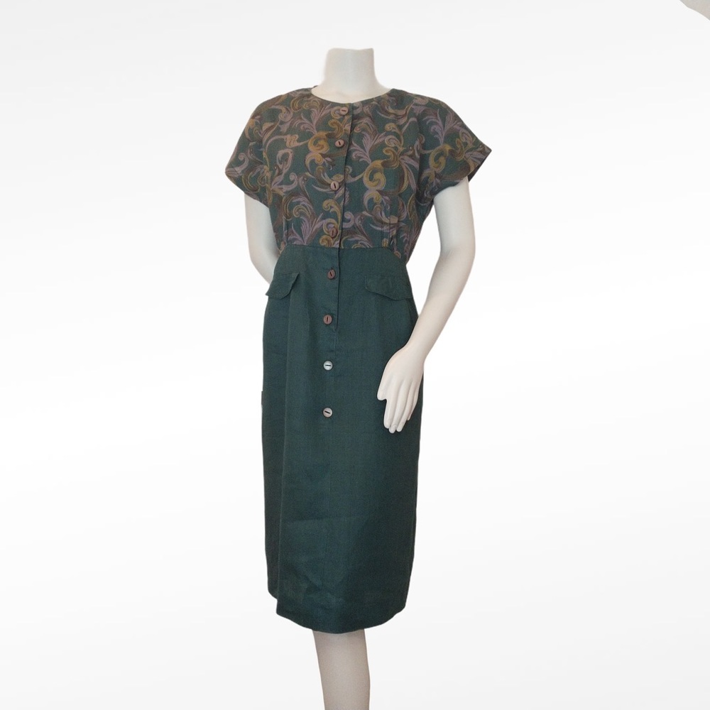 Vintage‎ 80s Dress Linen Dress Green Pencil Skirt Floral Short Sleeves Button-Up